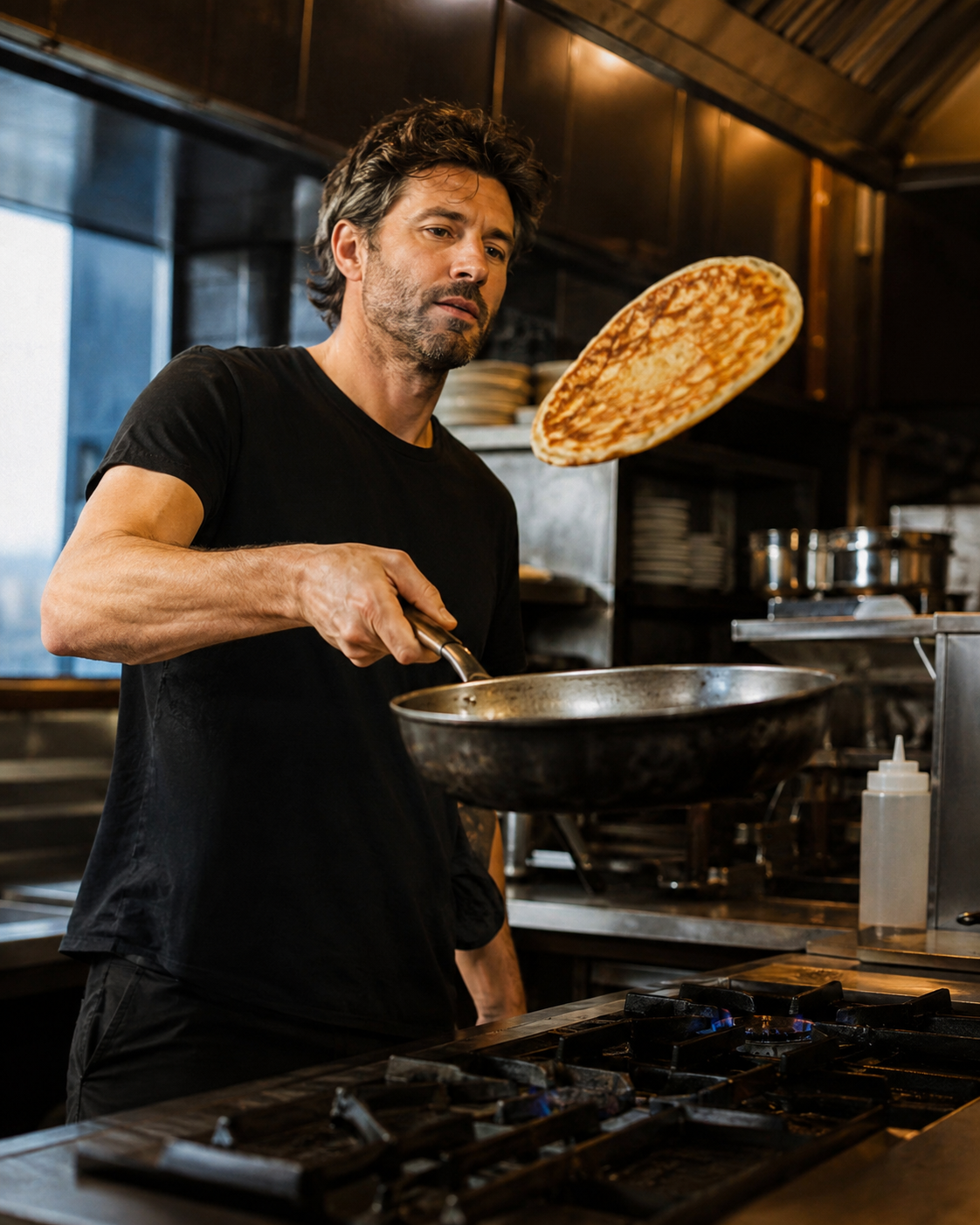 Bram gooit een pannenkoek om in de pan