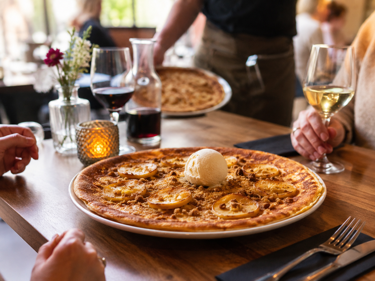 Pannenkoek met karamelappel, roomijs en een glas wijn op tafel